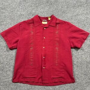 Cubavera Mens Red Embroidered Camp Shirt Size L Short Sleeve Rayon Blend